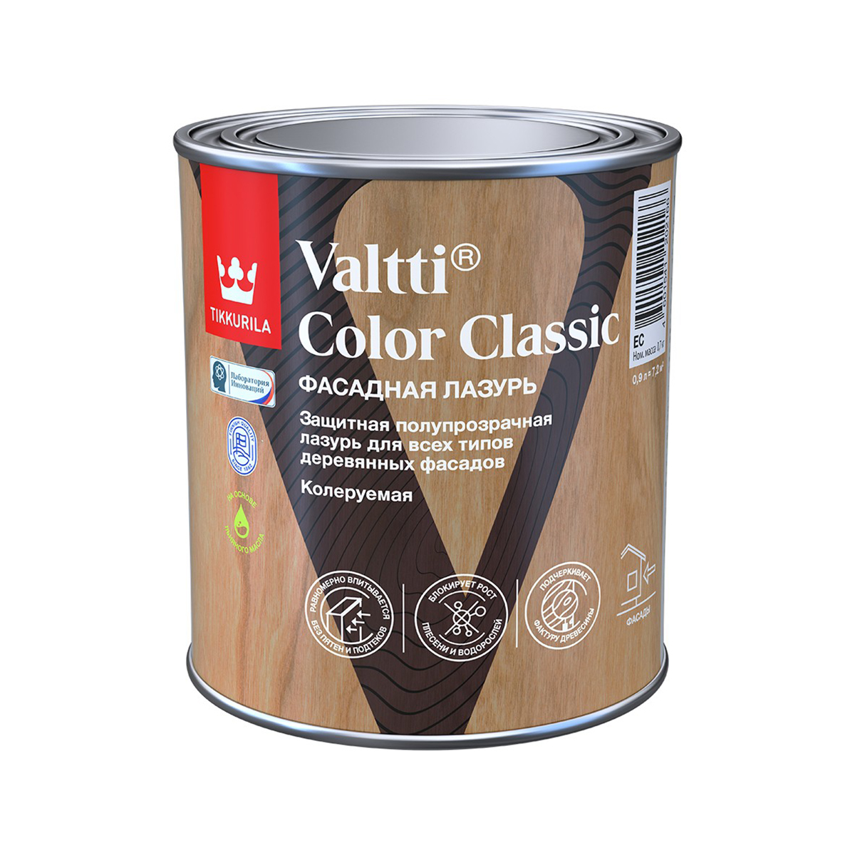 Фасадная лазурь Tikkurila Valtti Color Classic, 0,9 л, база EC, бесцветная  цена - купить в интернет-магазине