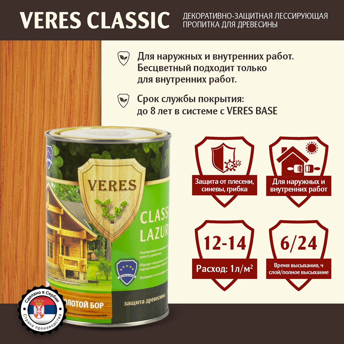 Декоративная пропитка для дерева Veres Classic Lazura №1, матовая, 0,9 л,  бесцветная цена - купить в интернет-магазине