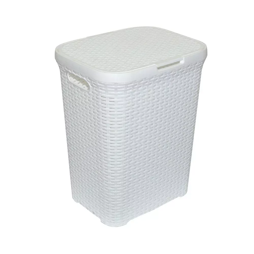 Корзина для белья прямоугольная Violet Ротанг 40 л, белая, с крышкой фото
