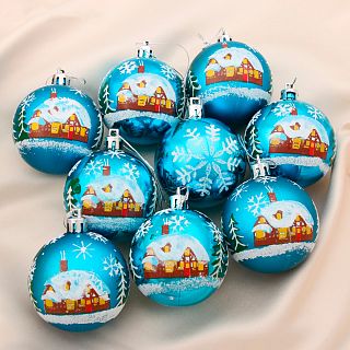 Набор елочных шаров Зимнее волшебство Запорошенный домик, d 6 см, 9 шт, голубой фото