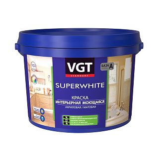Краска интерьерная моющаяся VGT ВД-АК-1180, матовая, база A, белая, 6 кг фото