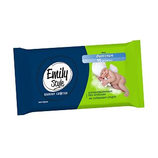 Влажные салфетки детские Emily Style Гипоаллергенные, без отдушек, упаковка 15 шт фото