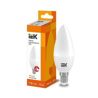Лампа светодиодная LED IEK Свеча, E14, C35, 7 Вт, 3000 K, теплый свет фото