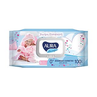 Влажные салфетки детские Aura Ultra Comfort, с экстрактом алоэ и витамином Е, с крышкой, 120 шт фото