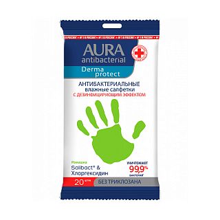 Влажные салфетки антибактериальные Aura Antibacterial Derma Protect, с ромашкой, упаковка 15 шт фото