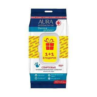 Салфетки влажные Aura Antibacterial Derma Protect (спиртовые) 40+40 шт. фото