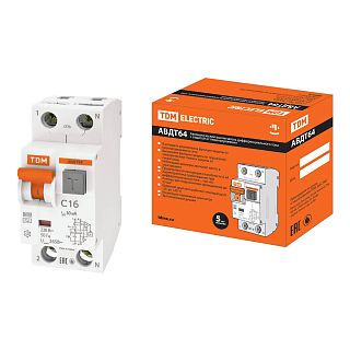Дифференциальный автоматический выключатель Tdm Electric АВДТ 64, 2Р(1Р+N), C16, 30 мА, 6 кА, тип А фото
