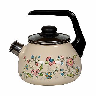Чайник эмалированный со свистком СтальЭмаль Луговые цветы, 2 л, слоновая кость фото
