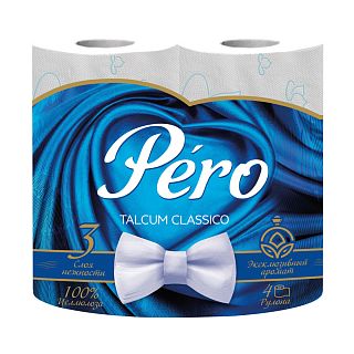 Туалетная бумага Pero Talcum, трехслойная, 4 рулона, белая фото