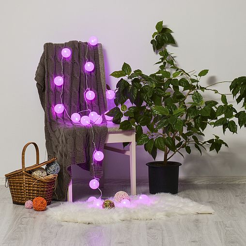 Электрогирлянда Vegas Нить, с хлопковыми шарами, 10 LED ламп, 1,5 м, розовая фото