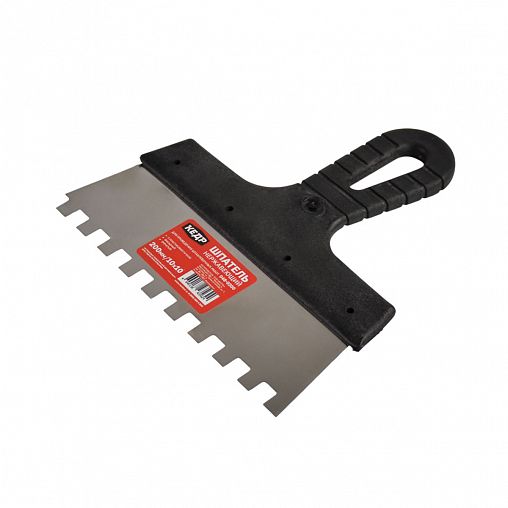 Шпатель фасадный зубчатый Кедр, нержавеющая сталь, пластиковая ручка, 200 мм, зуб 10 x 10 мм фото