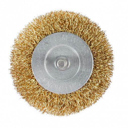 Щетка для дрели Кедр, плоская со шпилькой, 75 мм, латунированная проволока 0,3 мм фото