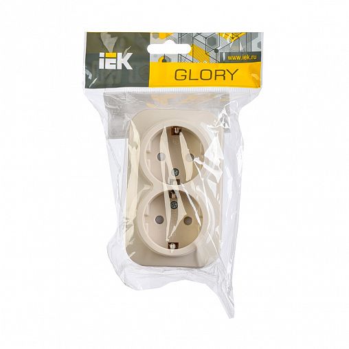 Розетка двойная накладная IEK Glory, с з/ш, с заземлением, 16 А, 250 В, IP20, кремовая фото
