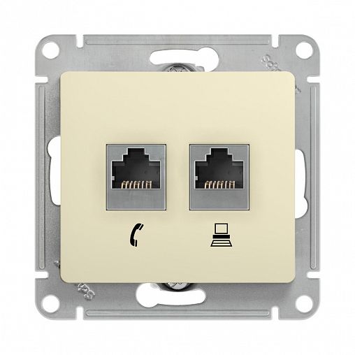 Розетка телефонная и компьютерная встраиваемая RJ11/RJ45 Systeme Electric Glossa, IP20, бежевая фото