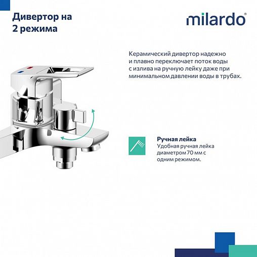 Смеситель для ванны с душем Milardo Atlantic, с керамическим дивертором, хром фото
