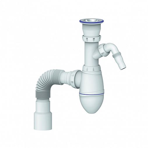 Сифон бутылочный Unicorn A320V, с выпуском 1 1/2" x 40 мм, с отводом и гофротрубой фото