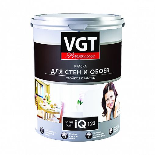 Краска моющаяся для стен и обоев VGT Premium iQ123, база A, белая, 9 л фото