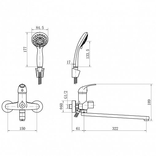 Смеситель для ванны с душем Fashun A2215N, с длинным изливом, хром фото