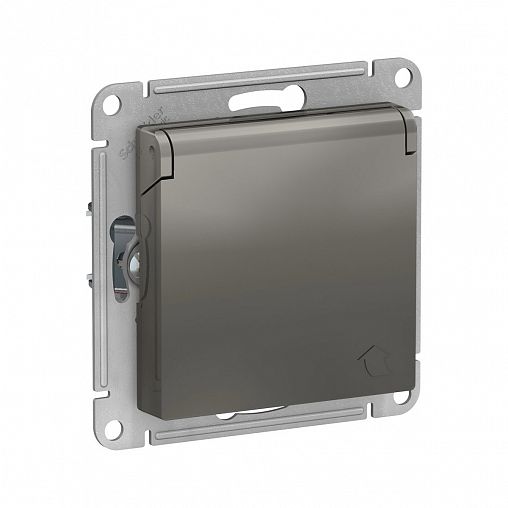 Розетка Systeme (Schneider) Electric Atlasdesign, встраиваемая, с/з, со шторками и крышкой, сталь фото