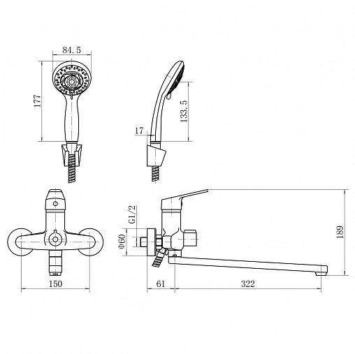 Смеситель для ванны с душем Fashun A2216N, с длинным изливом, хром фото