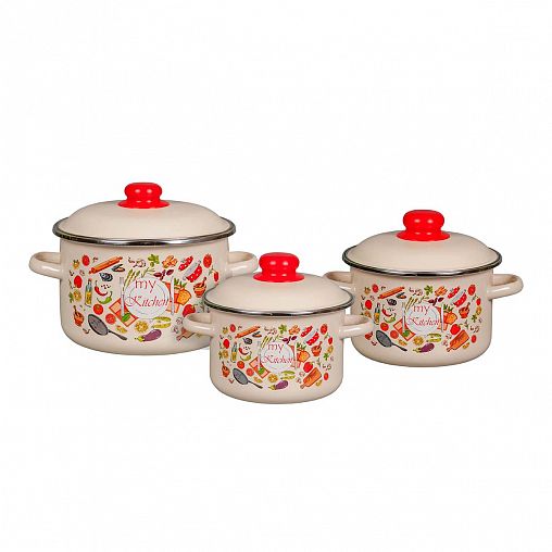 Набор эмалированных кастрюль СтальЭмаль Моя кухня, 6 предметов (2, 3, 5,5 л, крышки) фото