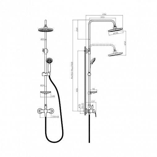 Душевая система с тропическим душем Rossinka A35-45, со смесителем, хром фото