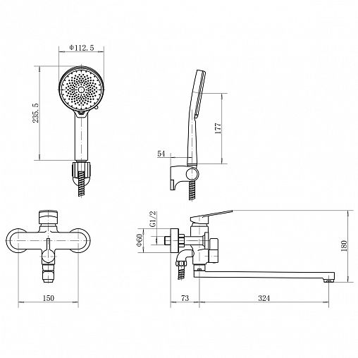 Смеситель для ванны с душем Fashun A2228, с длинным изливом, хром фото