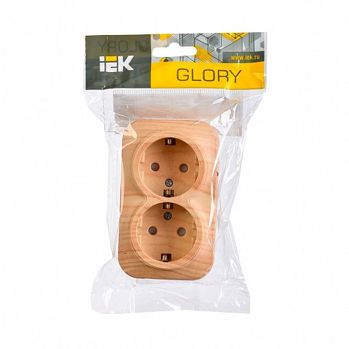 Розетка двойная накладная IEK Glory, с з/ш, с заземлением, 16 А, 250 В, IP20, сосна фото