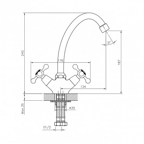 Смеситель для кухни Decoroom DR54028, двухвентильный, хром фото