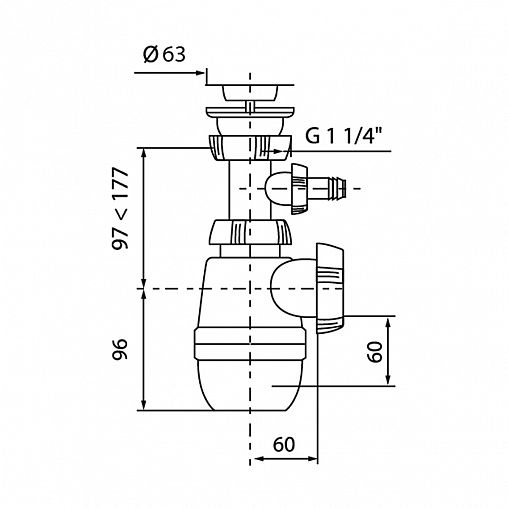 Сифон бутылочный Wirquin Минор 30718053, с выпуском 1 1/4" x 40 мм, с отводом для стиральной машины фото