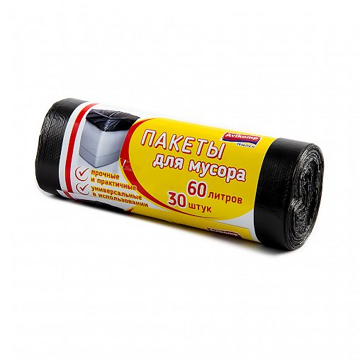 Мешки для мусора Avikomp, 9 мкм, 60 л, рулон 30 шт, черные фото