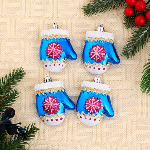 Украшение декоративное новогоднее Зимнее волшебство Варежка со снежинкой, 6 x 5 см, 4 шт, синее фото