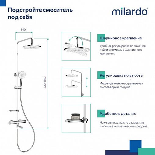 Душевая система с тропическим душем Milardo Ideal Spa ILSSBTHM06, с термостатом, хром фото