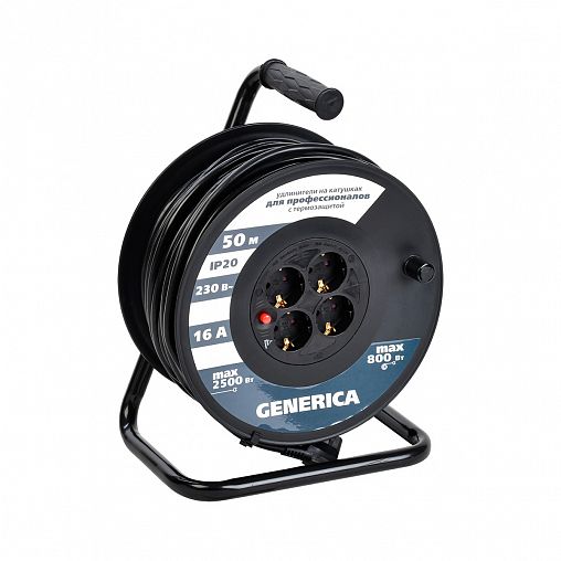 Удлинитель на катушке Generica УК50, 4 розетки, с т/з, с заземлением, 3 x 1,5 мм², 50 м фото
