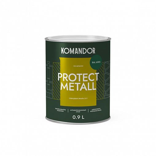 Грунт-эмаль по ржавчине 3 в 1 Komandor Protect Metall, глянцевая, 0,9 л, RAL 6005, зеленый фото