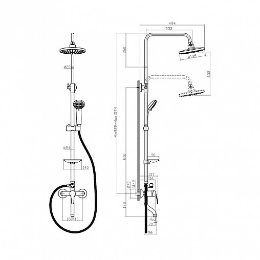Душевая система с тропическим душем Rossinka A35-46, со смесителем, хром фото