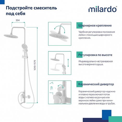 Душевая система с тропическим душем Milardo Rora, белая матовая фото