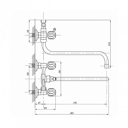 Смеситель для ванны с душем Tsarsberg TSB-111-30, с длинным изливом, двухвентильный, хром фото
