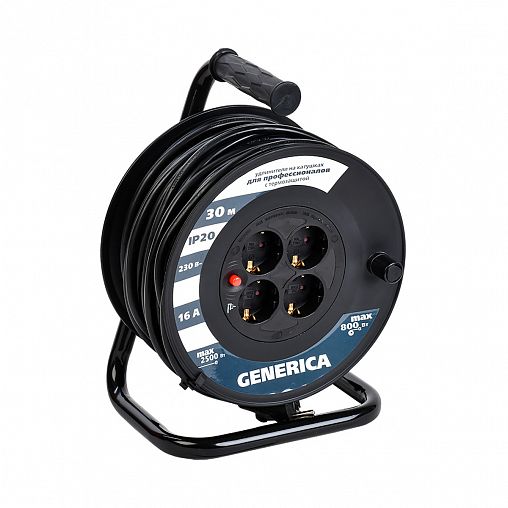 Удлинитель на катушке Generica УК30, 4 розетки, с т/з, с заземлением, 3 x 1,5 мм², 30 м фото