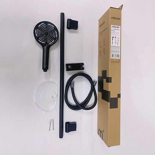 Душевой комплект Milardo Ideal Spa (стойка, лейка, шланг, держатель, мыльница), черный матовый фото