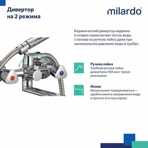 Смеситель для ванны с душем Milardo Tring, с длинным изливом, хром фото