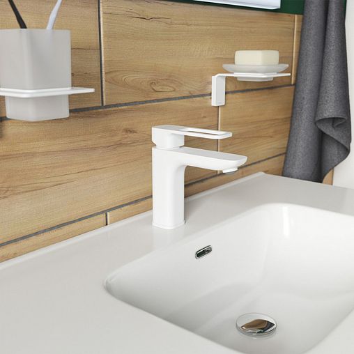 Смеситель для раковины с коротким изливом IDDIS Slide, белый матовый фото