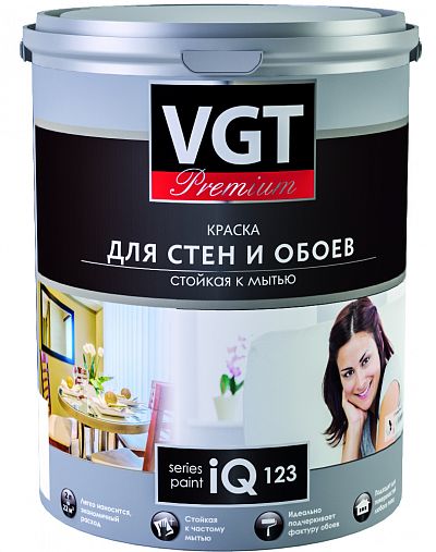 Краска моющаяся для стен и обоев VGT Premium iQ123, база A, белая, 0,8 л фото