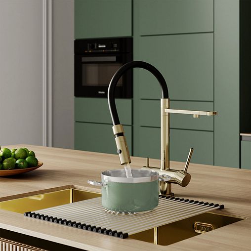 Смеситель для кухни IDDIS Ace, с гибким изливом и подключением к фильтру, золото матовое фото