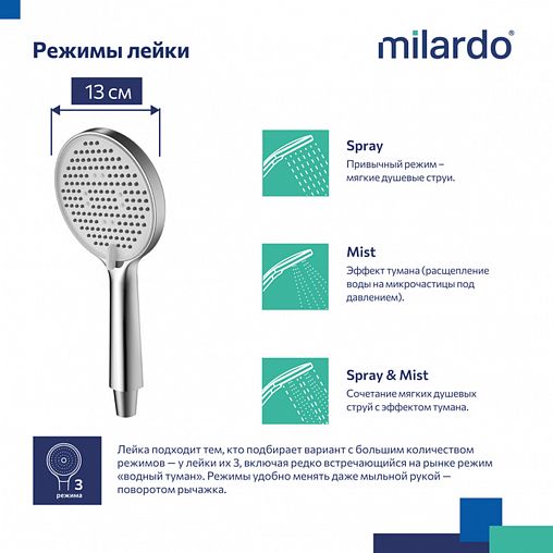 Лейка для душа Milardo Ideal Spa ILS3FCRM18, 3 режима, хром фото