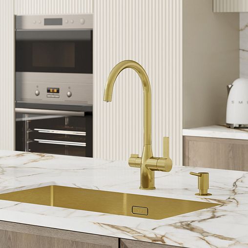 Смеситель для кухни IDDIS Pure, с подключением к фильтру, золото матовое фото