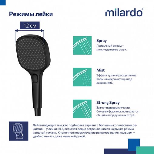 Лейка для душа Milardo Ideal Spa ILS3FB0M18, 3 режима, черная матовая фото