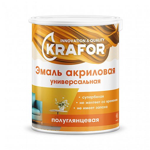 Эмаль универсальная Krafor, акриловая, полуглянцевая, 1 кг, супербелая фото