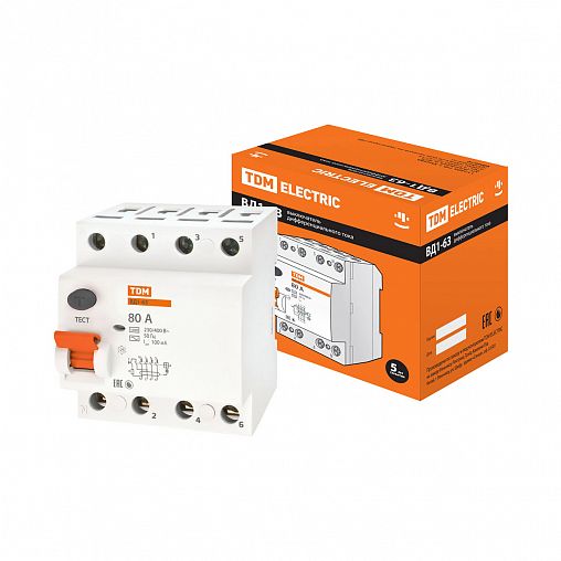 Устройство защитного отключения Tdm Electric УЗО ВД1-63, 4Р, 80 А, 100 мА фото