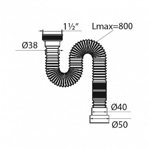 Сифон гофрированный VIRPlast Элит Мини, без выпуска, с хомутом, 1 1/2" x 40/50 мм, 800 мм фото